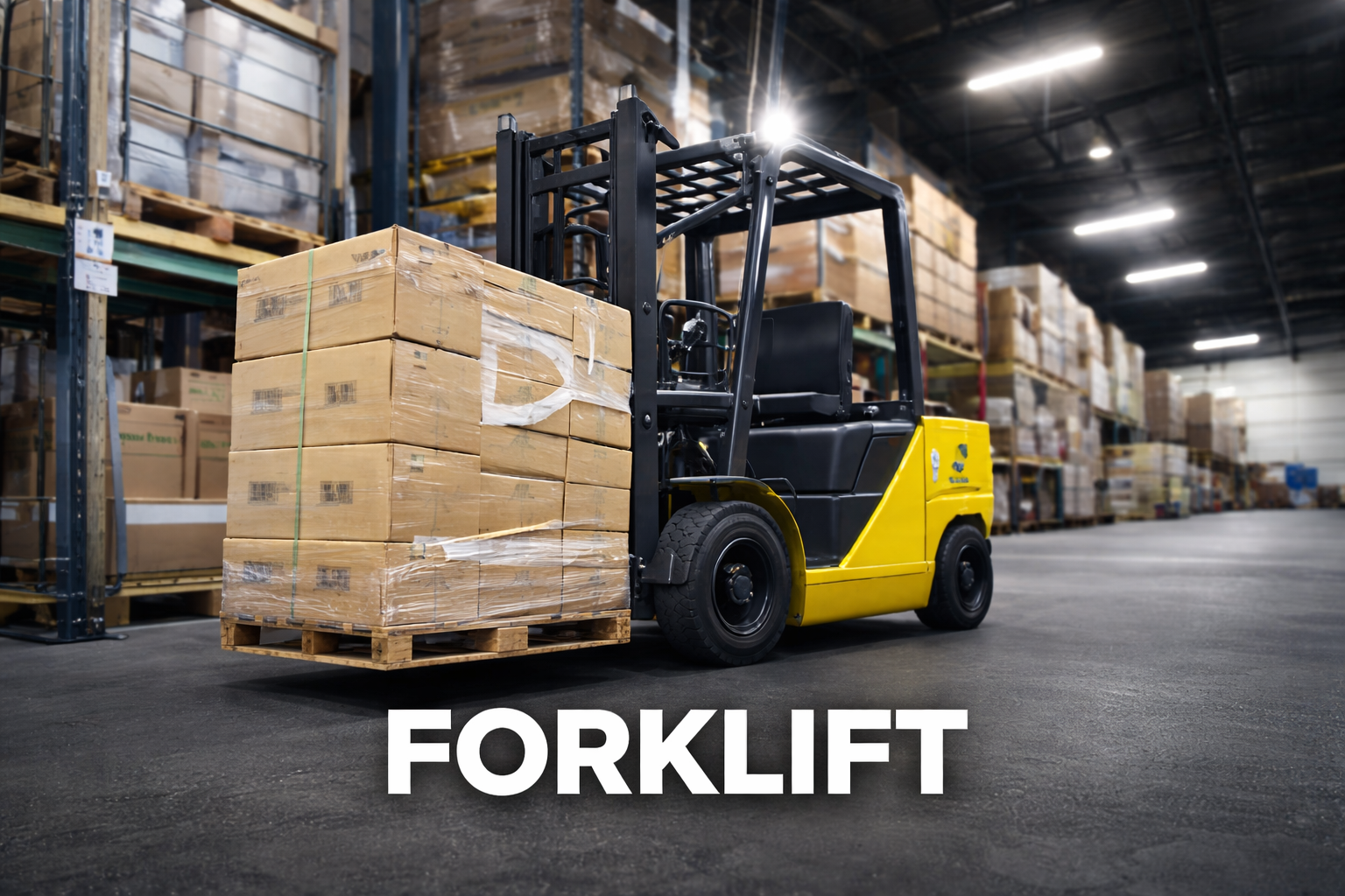 Forklift in busy warehouse setting